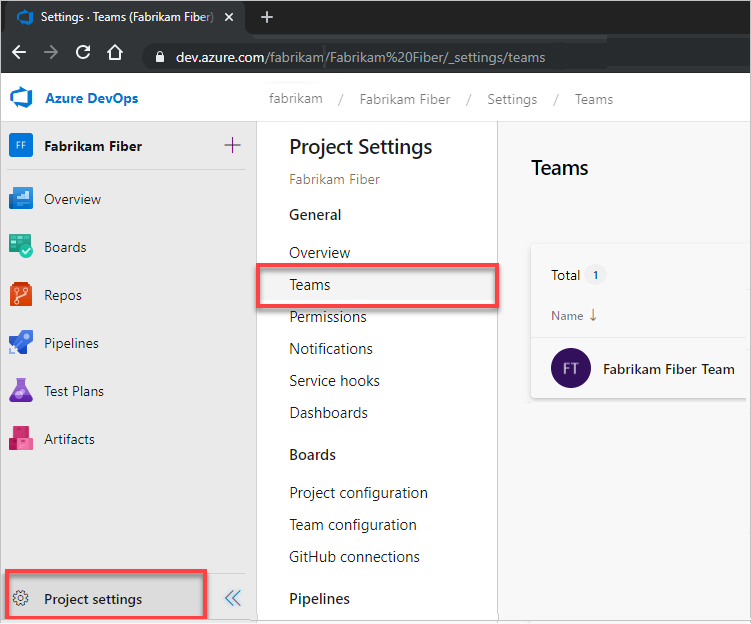 Captura de ecrã da página Abrir definições do Projeto e, em seguida, Equipas, nova página do Teams.