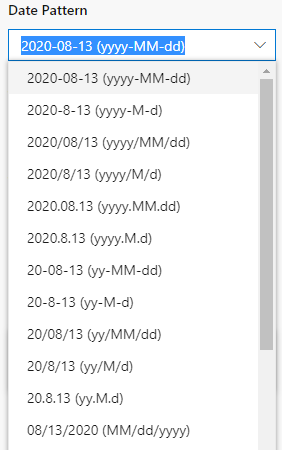 Captura de tela que mostra as opções suspensas Padrão de Data no painel Hora e Localidade.