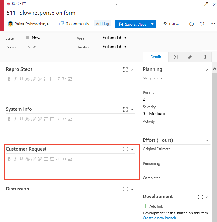 Formulário de bug, campo Solicitação do cliente adicionado à primeira coluna do formulário