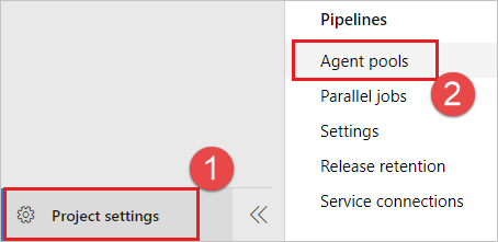 Navegue até seu projeto e escolha Configurações do projeto, Pools de agentes (2019).