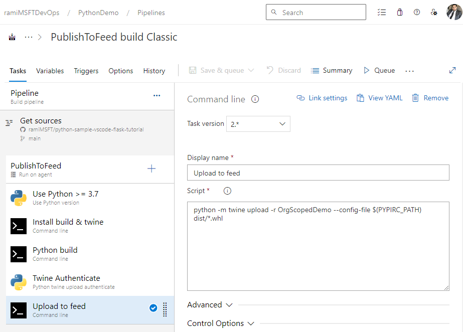 Uma captura de tela de um pipeline clássico para publicar pacotes Python em um feed de Artefatos do Azure.