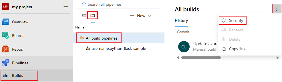 Captura de tela mostrando todas as seleções de segurança de pipelines.