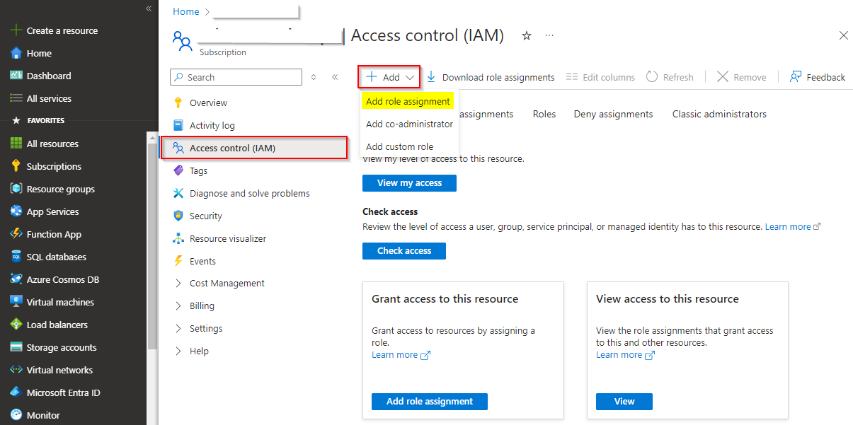 Uma captura de tela mostrando como adicionar uma nova atribuição de função no nível da assinatura.