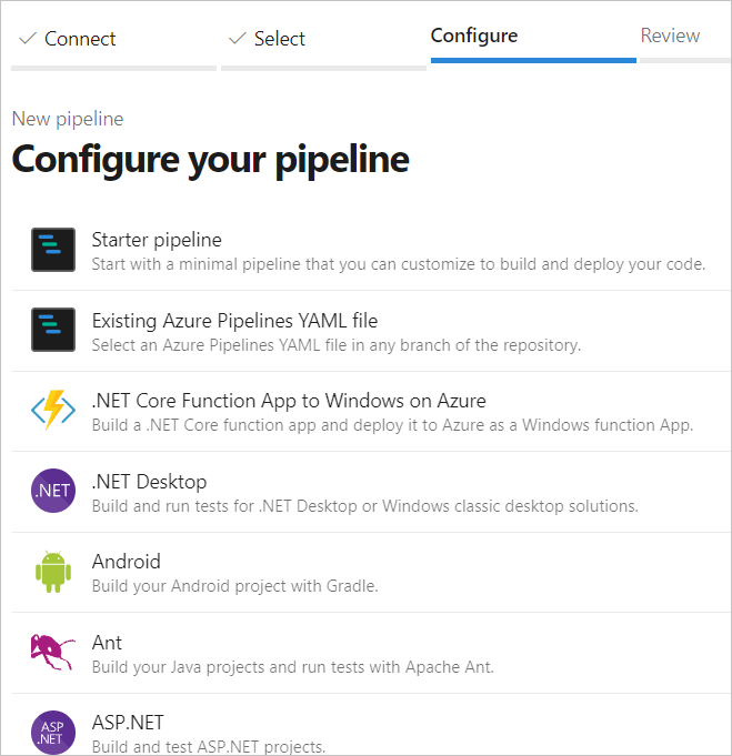 Lista de modelos para escolher para configurar seu novo pipeline.