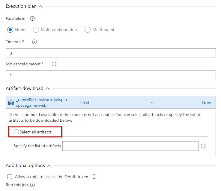 Uma captura de tela que mostra como ignorar o download automático de artefatos em um pipeline de versão Classic nos Serviços de DevOps do Azure.