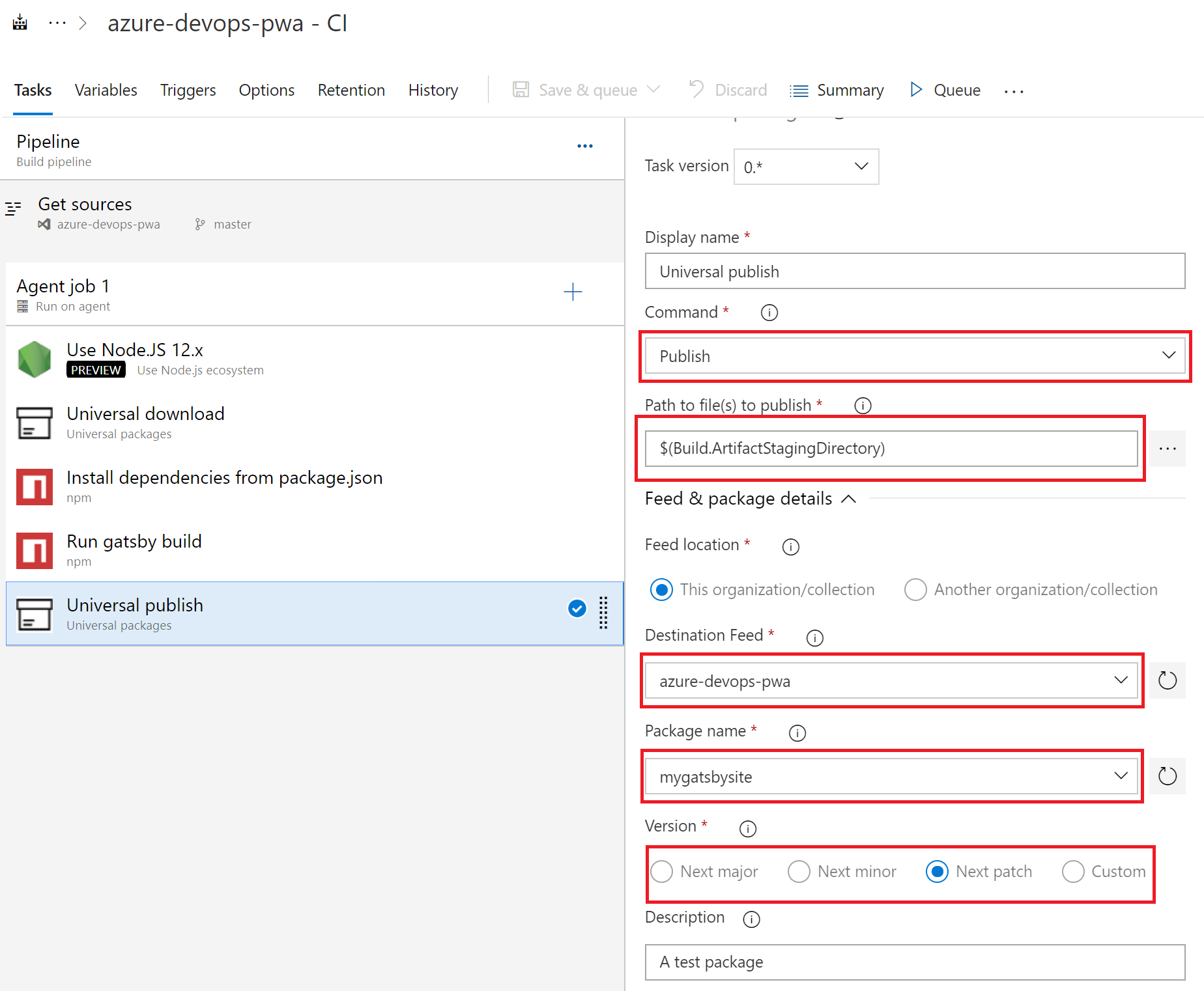 Captura de ecrã a mostrar a configuração da tarefa Pacote Universal a publicar.