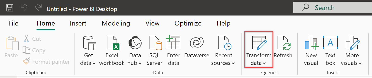 Captura de ecrã do Power BI Desktop, separador Base, realçado Botão Transformar Dados na secção Consultas.