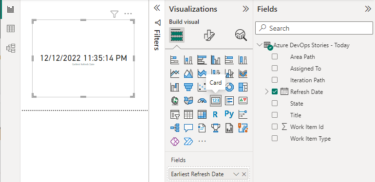 Captura de ecrã do Power BI Desktop, cartão, data de atualização aplicada.