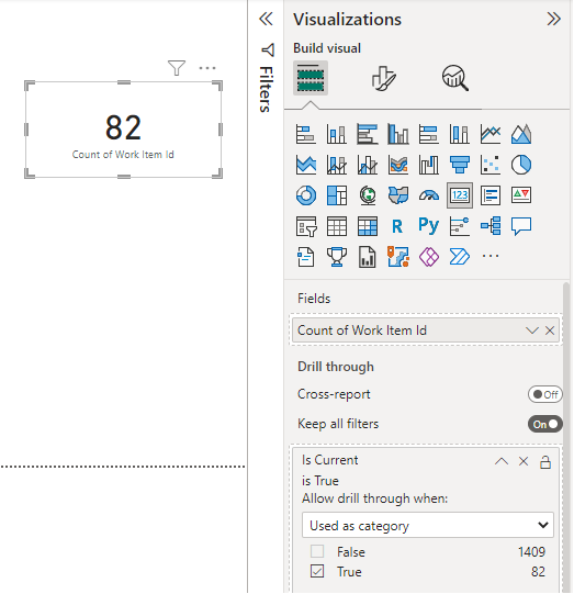 Captura de ecrã da página de relatório do Power BI, contagem de ID do item de trabalho filtrada.