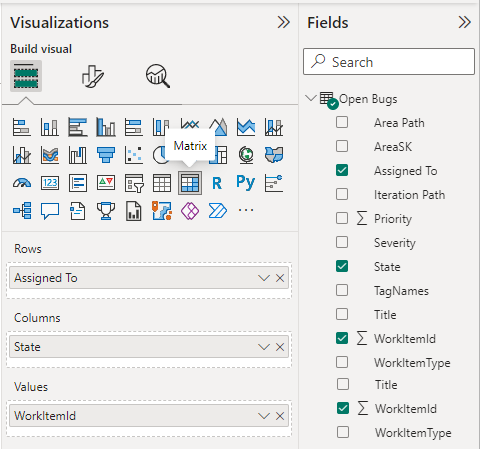 Captura de ecrã do relatório de Visualizações e Campos do Power BI para Open Bugs. 