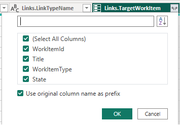 Captura de ecrã da coluna Power BI Links.TargetWorkItem, expanda opções. 