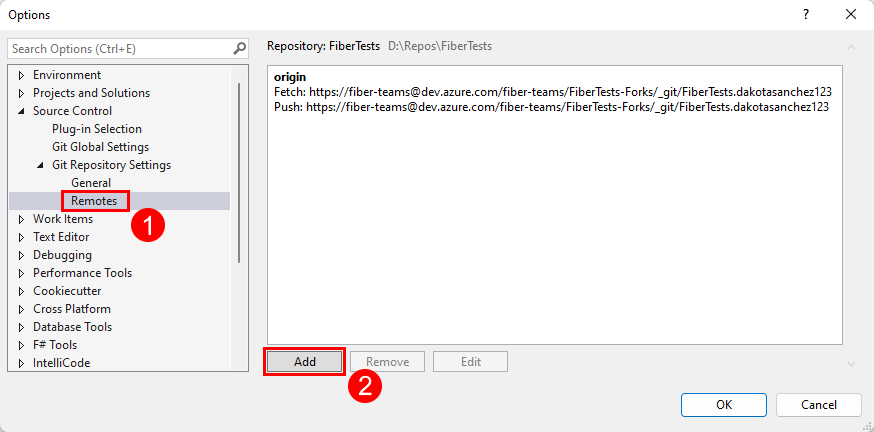 Captura de tela do botão Adicionar no painel Remotos do submenu Configurações do repositório Git do menu Controle do código-fonte no Visual Studio.