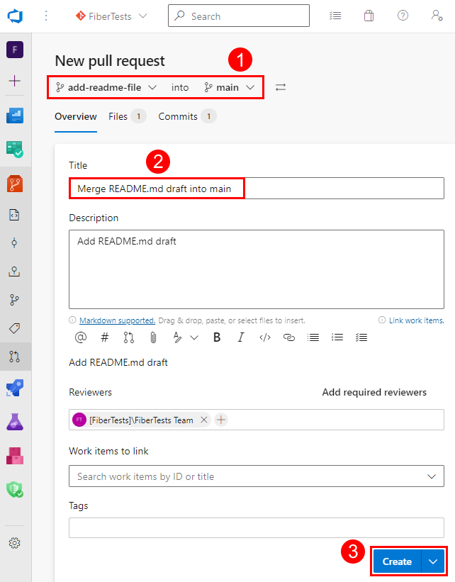 Captura de ecrã do formulário 'Novo pedido pull' no portal Web do Azure Repos.