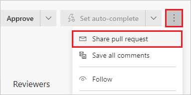 Captura de tela que mostra a seleção de Compartilhar solicitação pull na página Visão geral de um P R.