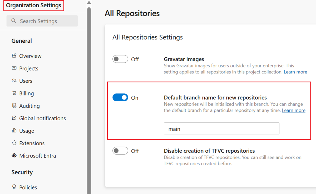 Captura de tela que mostra a configuração no nível da organização para Nome de ramificação padrão para novos repositórios.