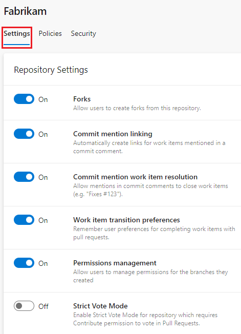 Captura de tela que mostra a guia Configurações do projeto de repositório selecionada.