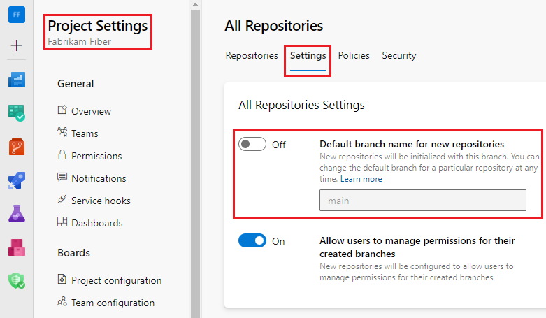 Captura de tela que mostra a configuração no nível do projeto para Nome de ramificação padrão para novos repositórios.