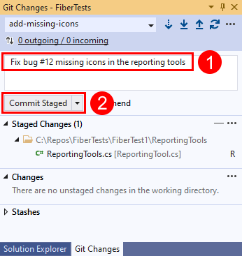 Captura de tela do botão 'Confirmar tudo' na janela 'Alterações do Git' no Visual Studio.