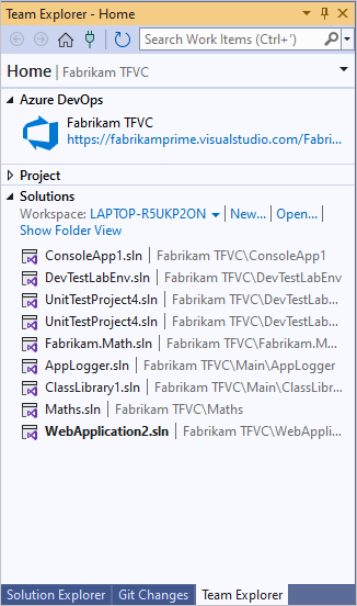 Captura de tela que mostra Soluções na página inicial do Team Explorer.