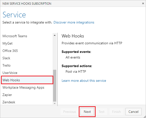 Captura de ecrã a mostrar a seleção de Web Hooks na página Serviço.