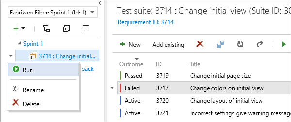 A captura de tela mostra como executar todos os testes ativos em um conjunto de testes.