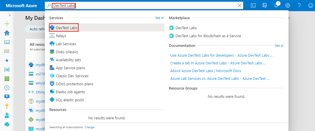 Procure e selecione DevTest Labs