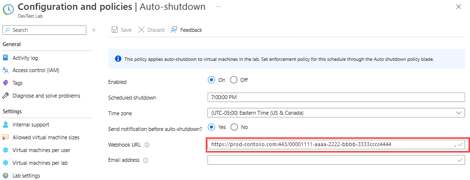 Captura de tela mostrando a colagem do URL do webhook nas configurações de desligamento automático.