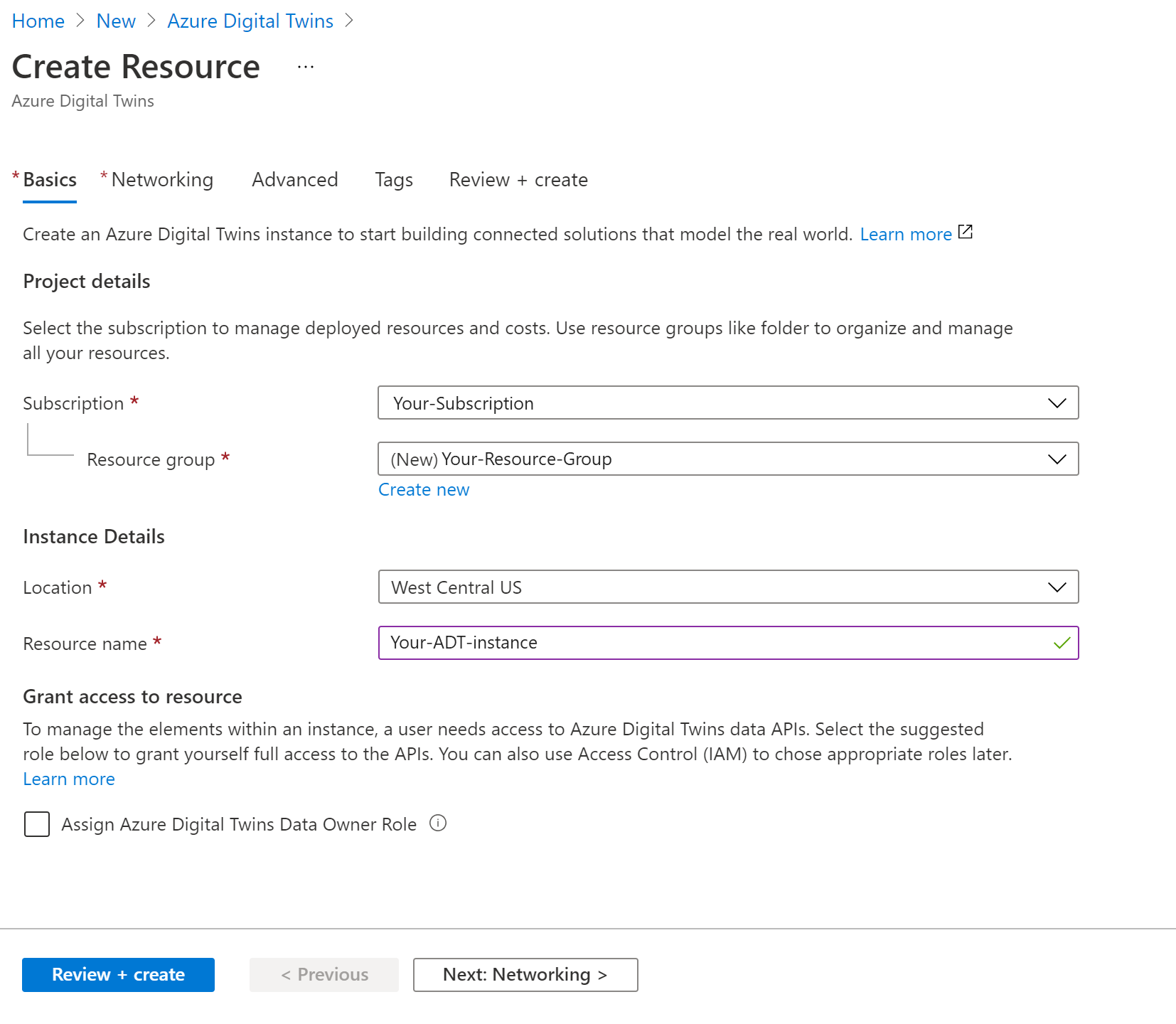 Captura de ecrã do processo Criar Recursos para Gêmeos Digitais do Azure no portal do Azure. Os valores descritos são preenchidos.