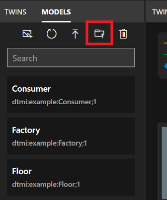 Captura de ecrã do painel Azure Digital Twins Explorer Models. O ícone Carregar um diretório de modelos está realçado.