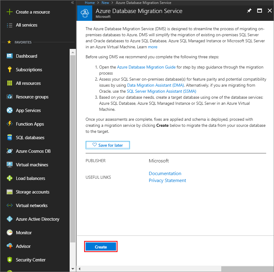 Captura de ecrã que mostra como criar uma instância do Serviço de Migração de Base de Dados do Azure.