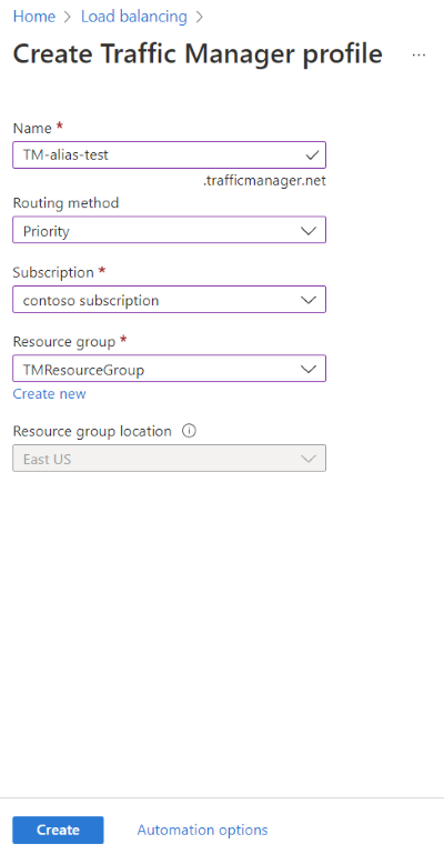 Screenshot of the Create Traffic Manager profile page showing the selected settings.