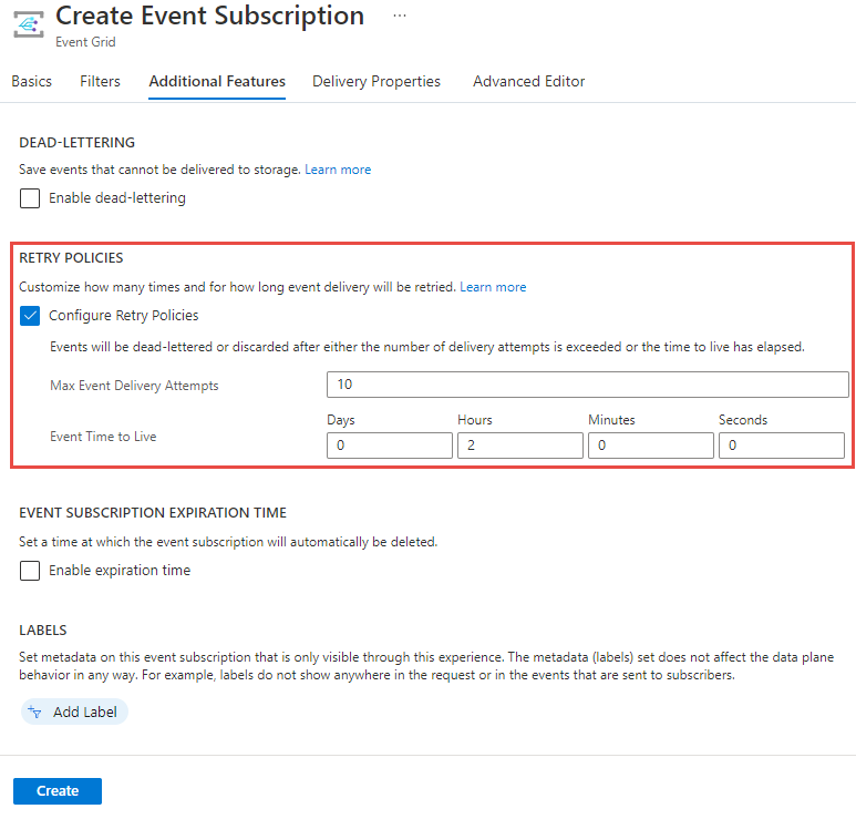 Captura de ecrã a mostrar a configuração da política de repetição de uma subscrição de evento.