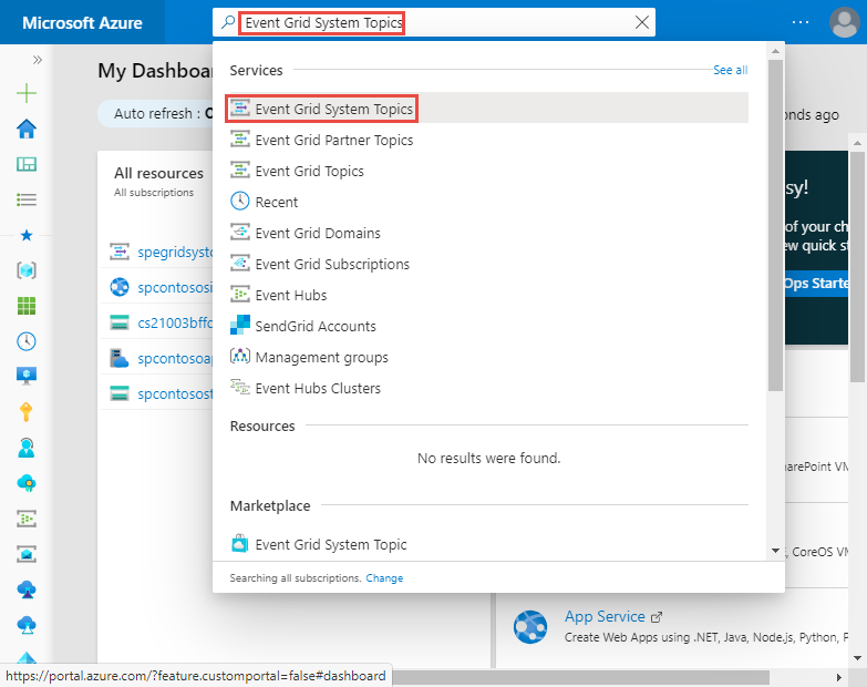 Procurar e selecionar Tópicos do Sistema do Event Grid