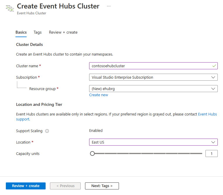 Imagem a mostrar a página Criar Cluster de Hubs de Eventos – Noções Básicas.