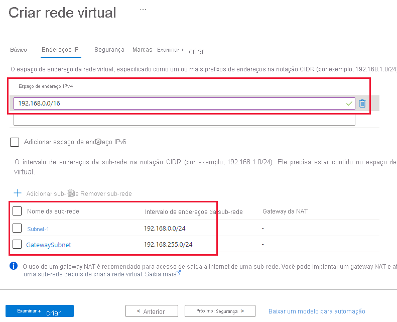 Captura de ecrã do separador Endereços IP para criar uma rede virtual.