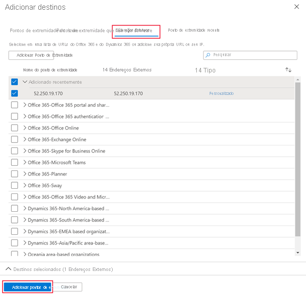 Captura de tela da adição de pontos de extremidade de destino externos.