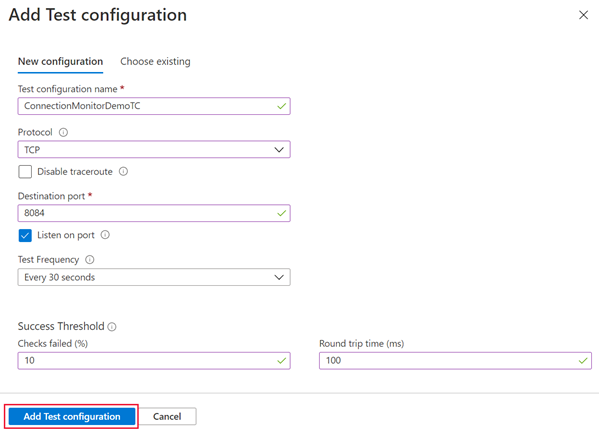 Captura de tela da página adicionar configuração de teste.