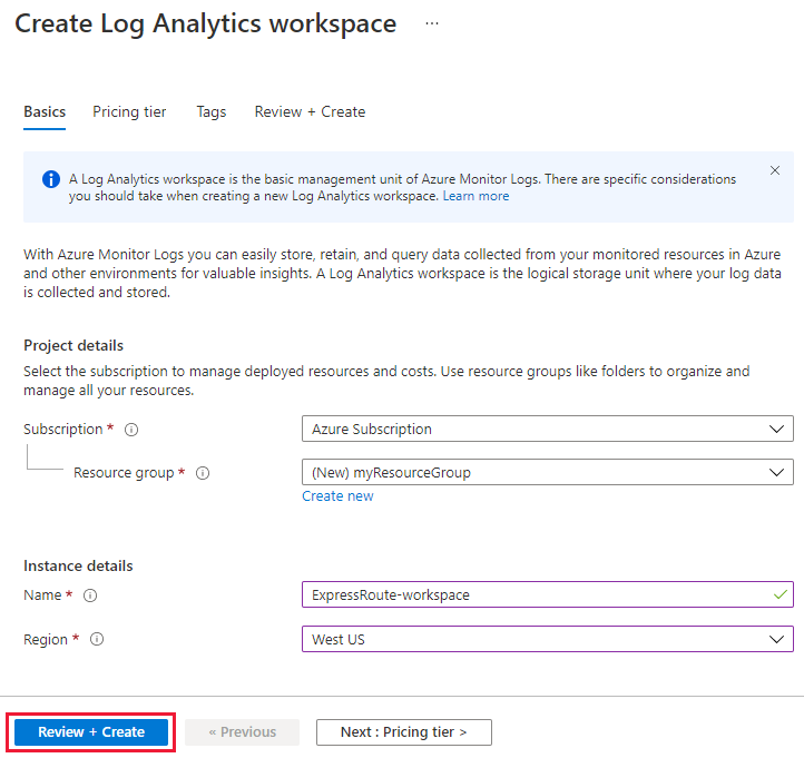 Captura de ecrã do separador básico para criar a área de trabalho do Log Analytics.