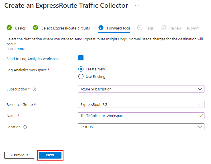 Captura de tela da guia Logs de encaminhamento para o espaço de trabalho do Logs Analytics.