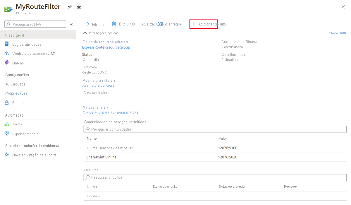 Captura de tela que mostra a página Visão geral com a ação Adicionar circuito selecionada.