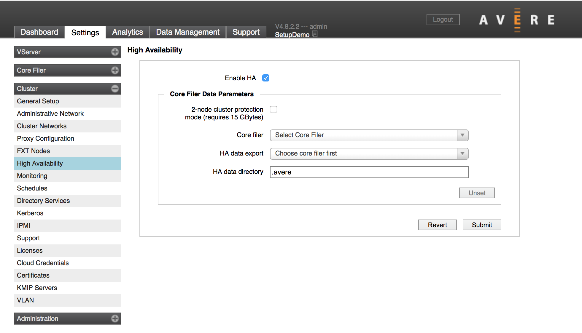 Página de configuração ha (Elevada Disponibilidade do Cluster > ). A caixa de verificação 