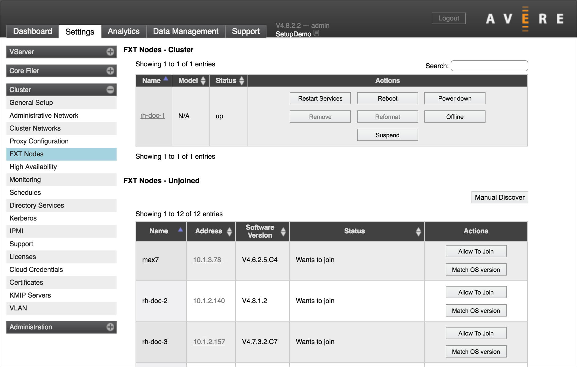 Separador Definições do painel de controlo (segundo separador) com Nós FXT de Cluster > carregados