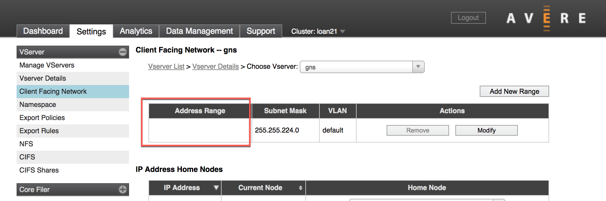 Definições > Página de configuração de Rede Voltada para Cliente VServer > com um círculo à volta da secção Intervalo de Endereços da tabela para um vserver específico