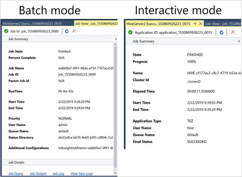 Janelas de resumo de trabalho do Hive, modo em lote e interativo, Visual Studio.