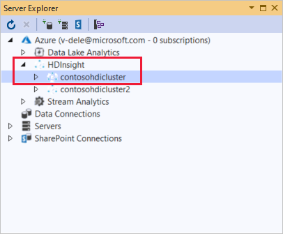 Lista de clusters HDInsight, Gerenciador de Servidores, Visual Studio.