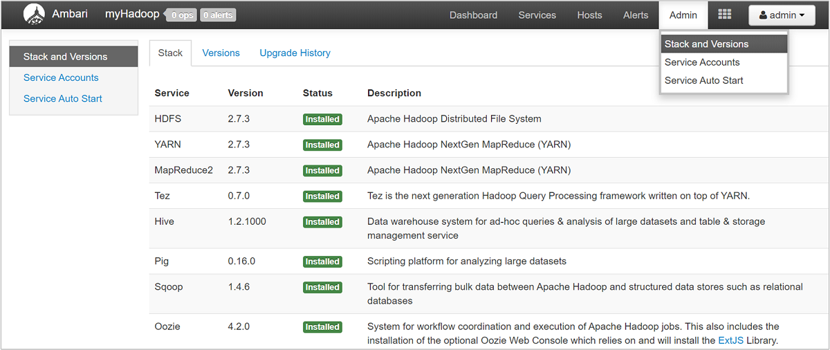 Apache Ambari admin Stack e versões.