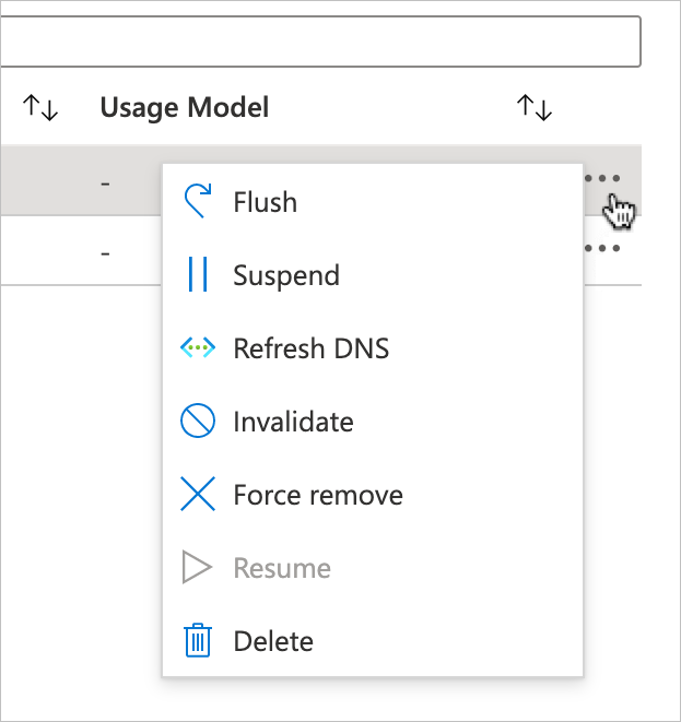 Screenshot of the storage targets page in the Azure portal, with the cursor over the menu exposed by clicking on the three dots (...) symbol to the far right of the storage target's row in the list.