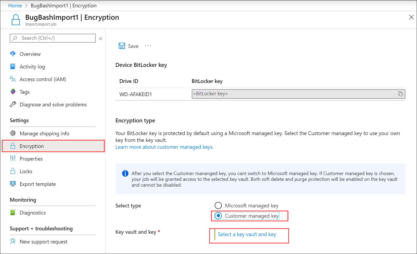 Captura de ecrã da folha Encriptação para o trabalho de Importação/Exportação do Azure. A opção 