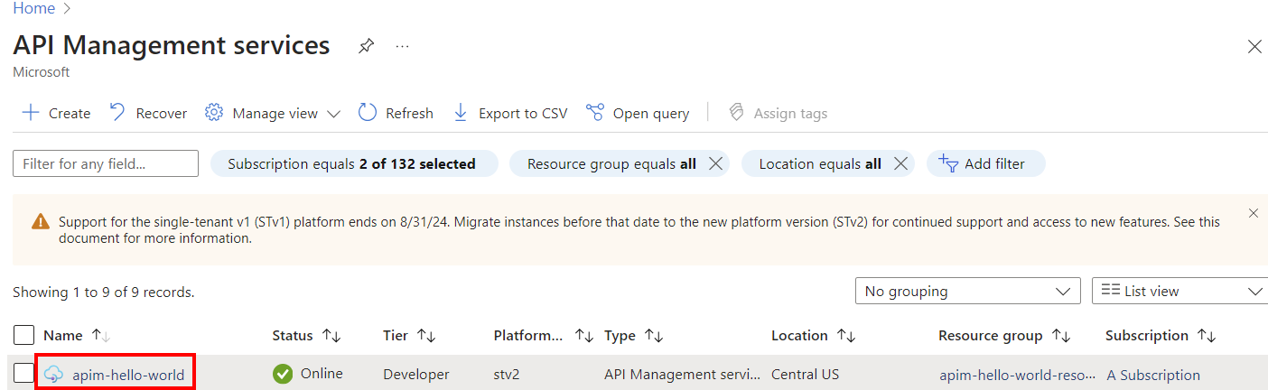 Selecione sua instância de Gerenciamento de API