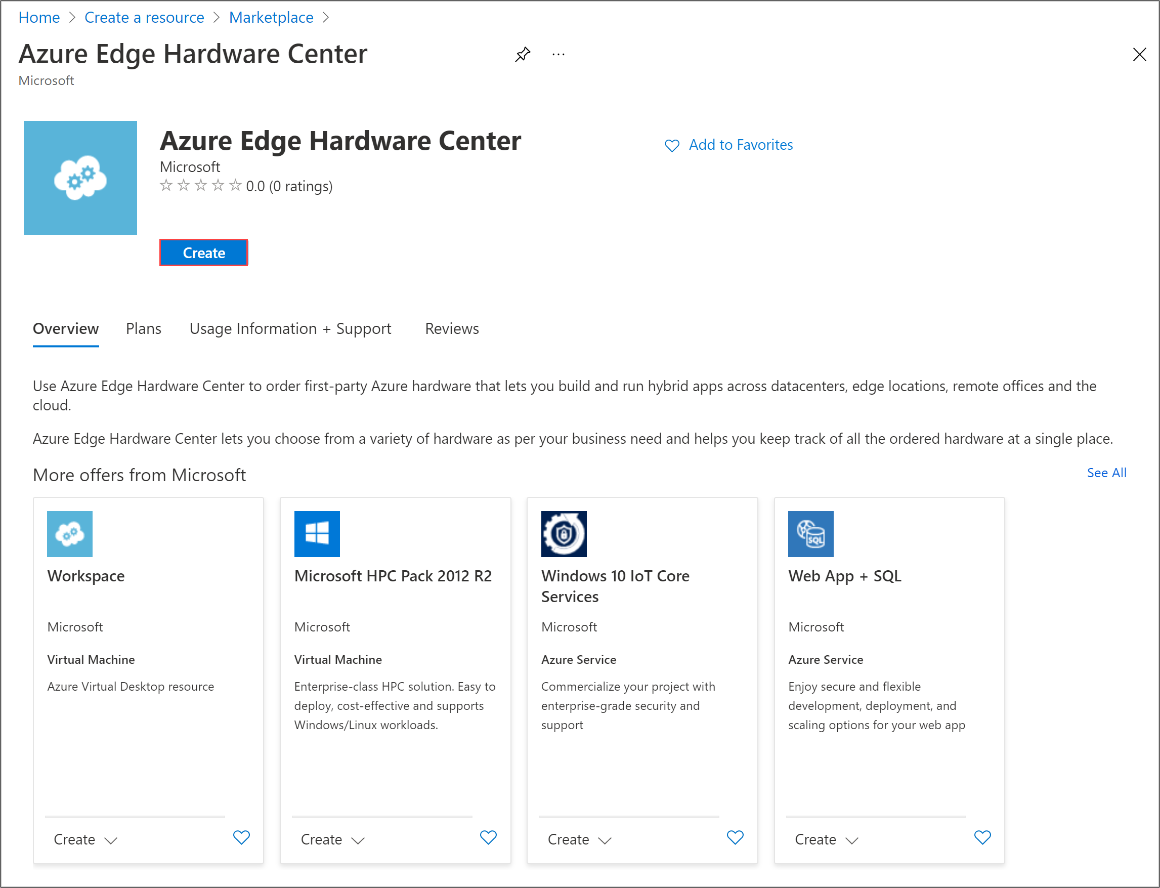 Captura de ecrã da home page do Centro de Hardware do Azure Stack Edge. O botão Criar é realçado.